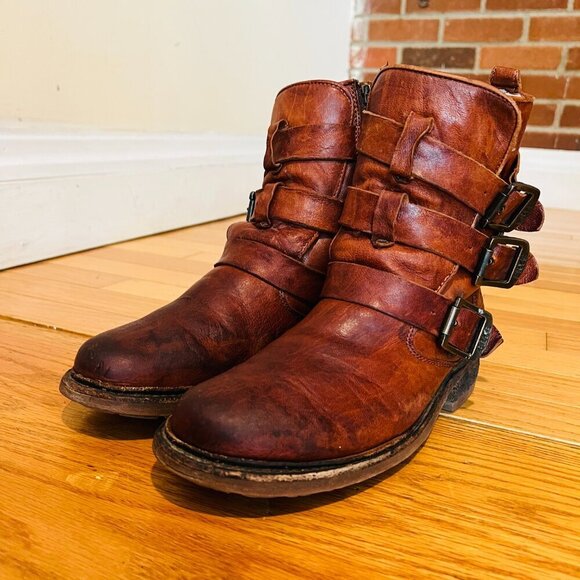 Frye Valerie Strappy Shearling Leather Boots in Cognac Size 7 - Picture 4 of 16